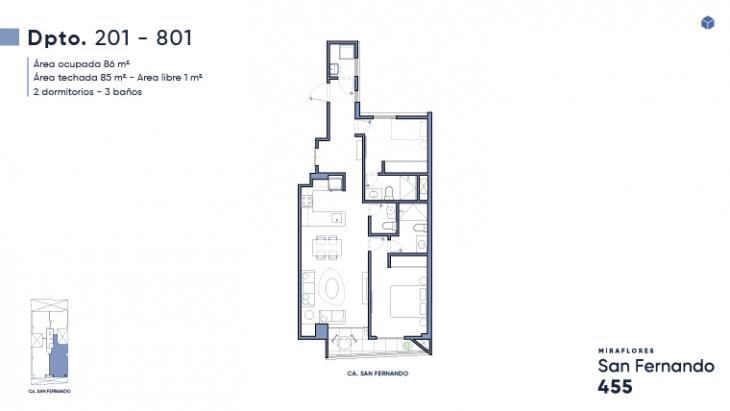 Plano del modelo Flat 201 del proyecto San Fernando 455 en Miraflores