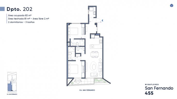 Plano del modelo Flat 202 del proyecto San Fernando 455 en Miraflores