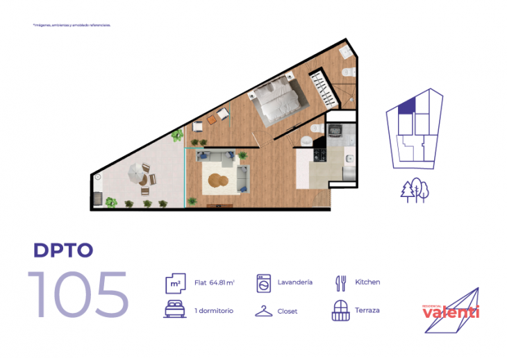 Plano del modelo TIPO 105 del proyecto Residencial Valenti en Pueblo Libre