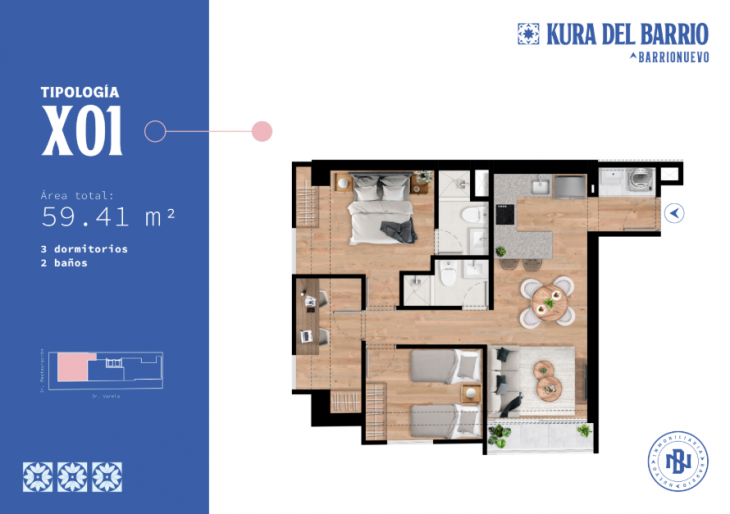 Plano del modelo Tipo x1 - 60M2 - Exterior del proyecto Kura Del Barrio en Breña