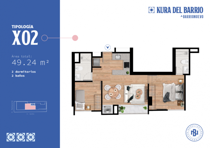 Plano del modelo Tipo x2 - 49M2 - Exterior del proyecto Kura Del Barrio en Breña