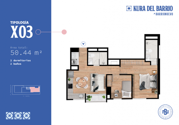Plano del modelo Tipo x3 - 50M2 - Exterior del proyecto Kura Del Barrio en Breña