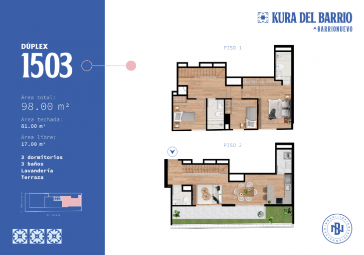 Plano del modelo Tipo x3 - 98M2 - Exterior Duplex del proyecto Kura Del Barrio en Breña