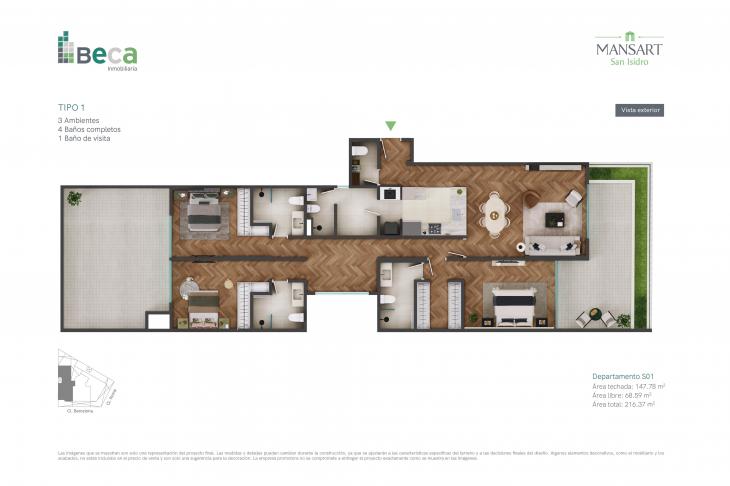 Plano del modelo Tipo 1 del proyecto Mansart en San Isidro