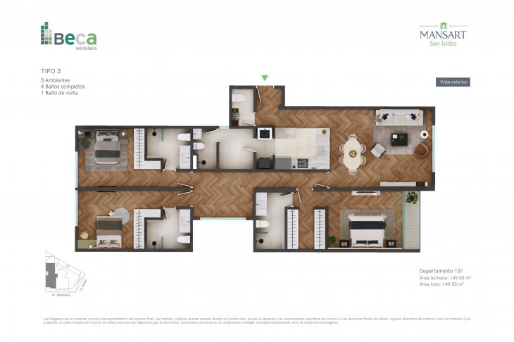 Plano del modelo Tipo 3 del proyecto Mansart en San Isidro