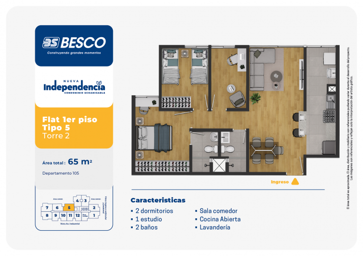 Plano del modelo TORRE 2 - 1erPiso - TIPO 5 del proyecto Nueva Independencia - Torre 2 en Independencia