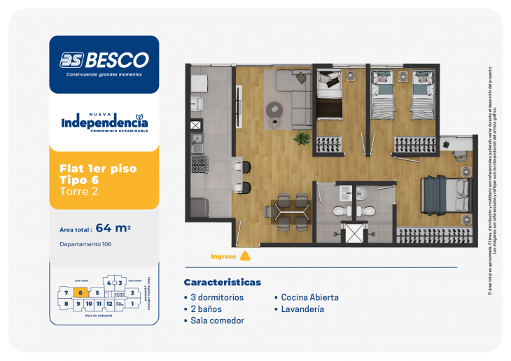 Plano del modelo TORRE 2 - 1erPiso - TIPO 6 del proyecto Nueva Independencia - Torre 2 en Independencia