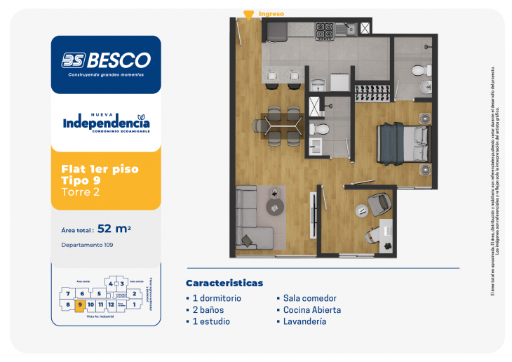 Plano del modelo TORRE 2 - 1erPiso - TIPO 9 del proyecto Nueva Independencia - Torre 2 en Independencia