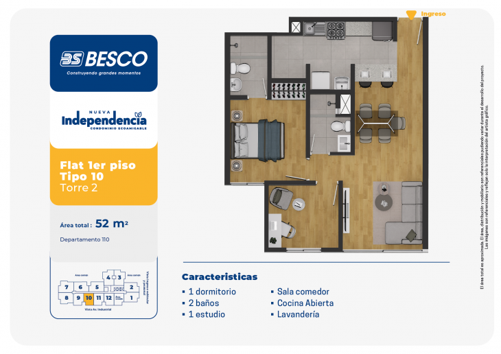 Plano del modelo TORRE 2 - 1erPiso - TIPO 10 del proyecto Nueva Independencia - Torre 2 en Independencia