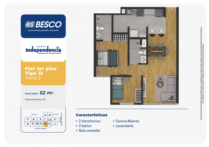 Plano del modelo TORRE 2 - 1erPiso - TIPO 12 del proyecto Nueva Independencia - Torre 2 en Independencia