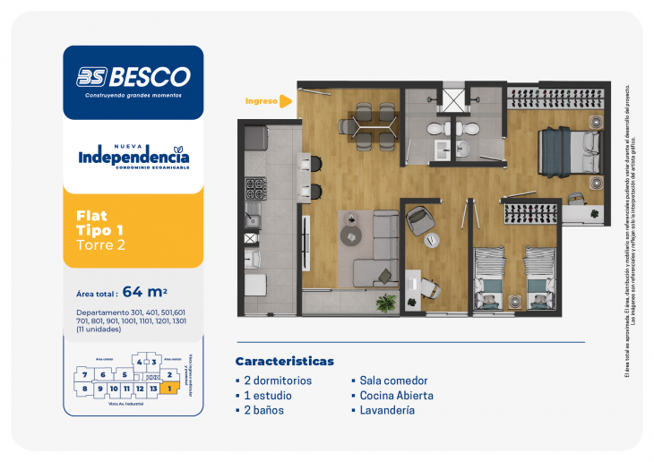 Plano del modelo TORRE 2 - FLAT - TIPO 1 del proyecto Nueva Independencia - Torre 2 en Independencia
