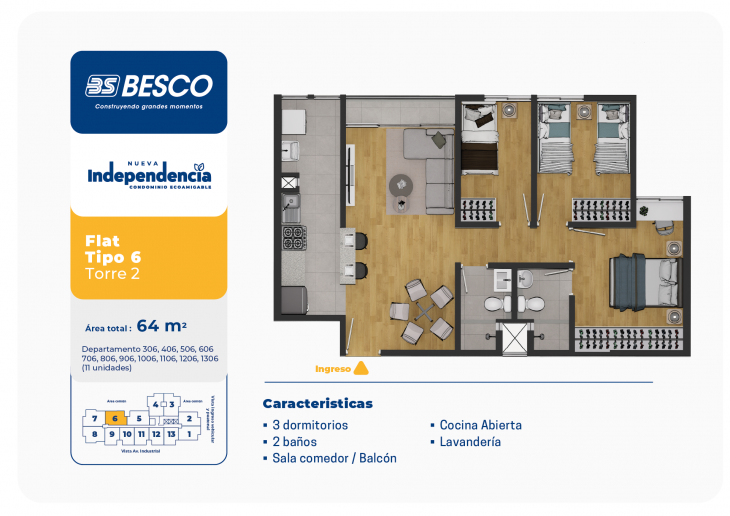 Plano del modelo TORRE 2 - FLAT - TIPO 6 del proyecto Nueva Independencia - Torre 2 en Independencia