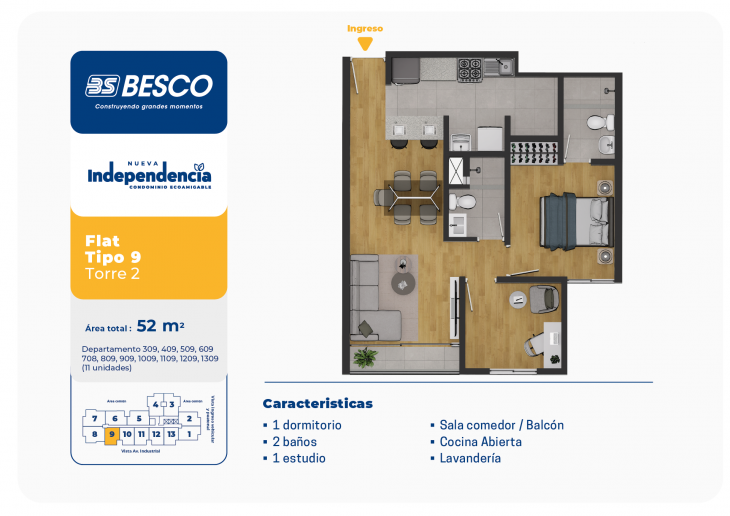 Plano del modelo TORRE 2 - FLAT - TIPO 9 del proyecto Nueva Independencia - Torre 2 en Independencia
