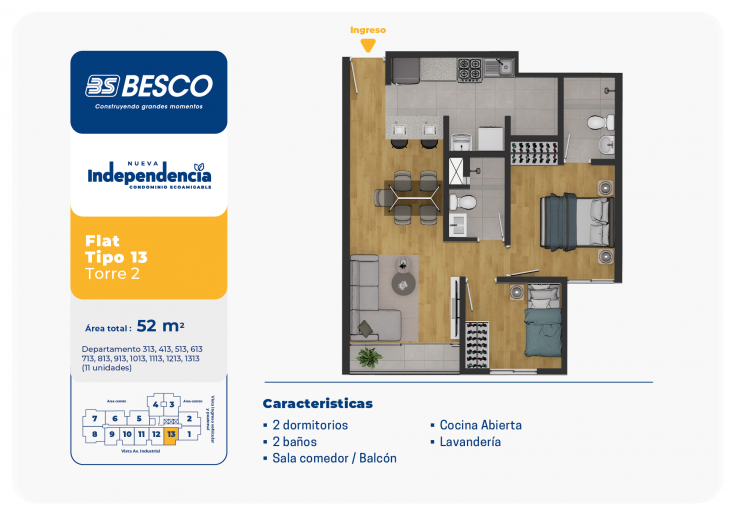 Plano del modelo TORRE 2 - FLAT - TIPO 13 del proyecto Nueva Independencia - Torre 2 en Independencia