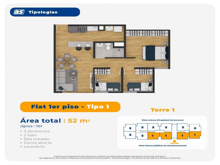 Plano del modelo TIPO 1 del proyecto Centrika Plaza Condominio Ecoamigable en Piura