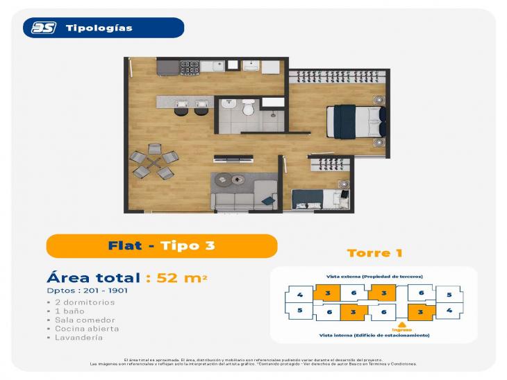 Plano del modelo TIPO 3 del proyecto Centrika Plaza Condominio Ecoamigable en Piura