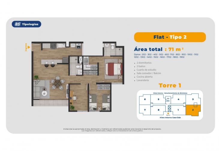 Plano del modelo TORRE 1 - FLAT -TIPO 2 del proyecto Residencial Vista Plaza Condominio Ecoamigable en Pueblo Libre