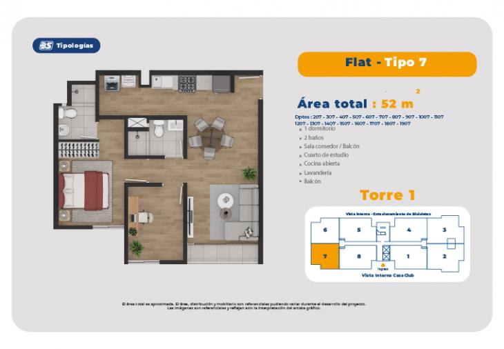 Plano del modelo TORRE 1 - FLAT -TIPO 7 del proyecto Residencial Vista Plaza Condominio Ecoamigable en Pueblo Libre