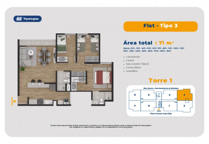 Plano del modelo TORRE 1 - FLAT -TIPO 3 del proyecto Residencial Vista Plaza Condominio Ecoamigable en Pueblo Libre