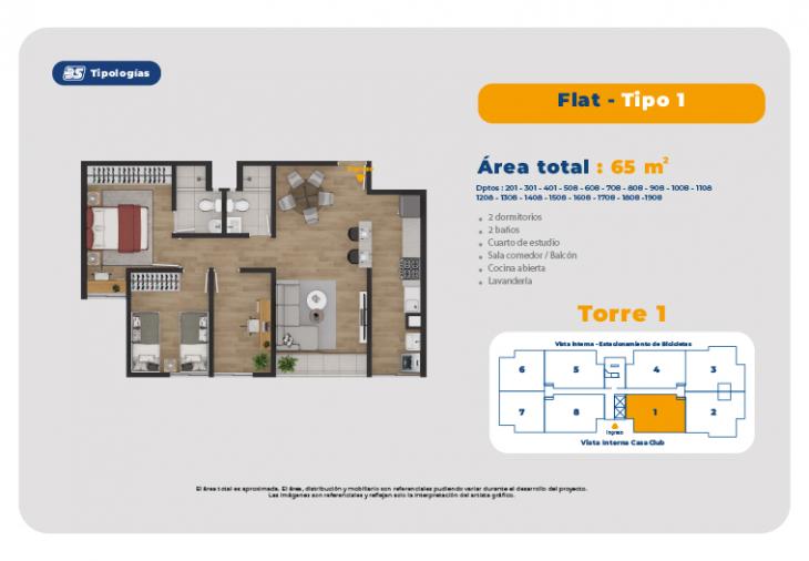 Plano del modelo TORRE 1 - FLAT -TIPO 1 del proyecto Residencial Vista Plaza Condominio Ecoamigable en Pueblo Libre