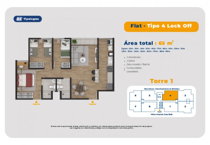 Plano del modelo TORRE 1 - FLAT -TIPO 4 del proyecto Residencial Vista Plaza Condominio Ecoamigable en Pueblo Libre