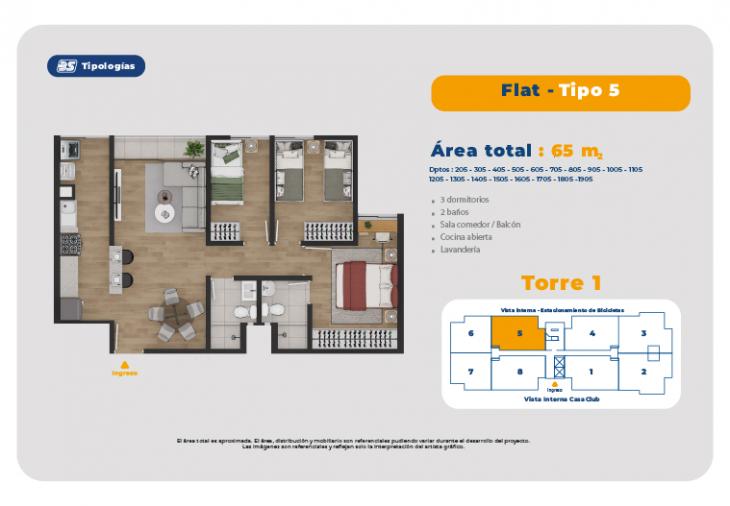Plano del modelo TORRE 1 - FLAT -TIPO 5 del proyecto Residencial Vista Plaza Condominio Ecoamigable en Pueblo Libre