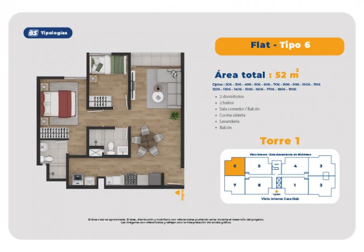 Plano del modelo TORRE 1 - FLAT -TIPO 6 del proyecto Residencial Vista Plaza Condominio Ecoamigable en Pueblo Libre