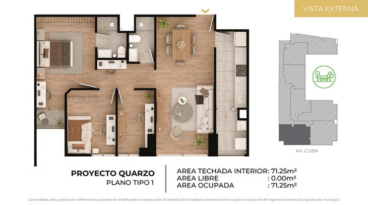 Plano del modelo Tipo 1 del proyecto CIUDARIS I QUARZO en Jesus Maria