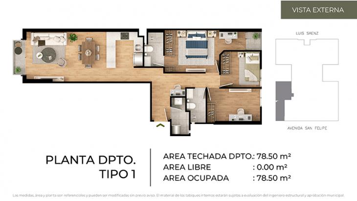 Plano del modelo Tipo 1 del proyecto CIUDARIS - OLIVE PARK en Jesus Maria