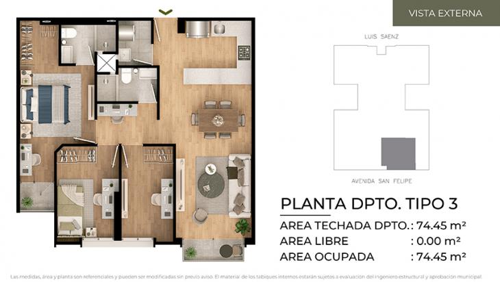 Plano del modelo Tipo 3 del proyecto CIUDARIS - OLIVE PARK en Jesus Maria