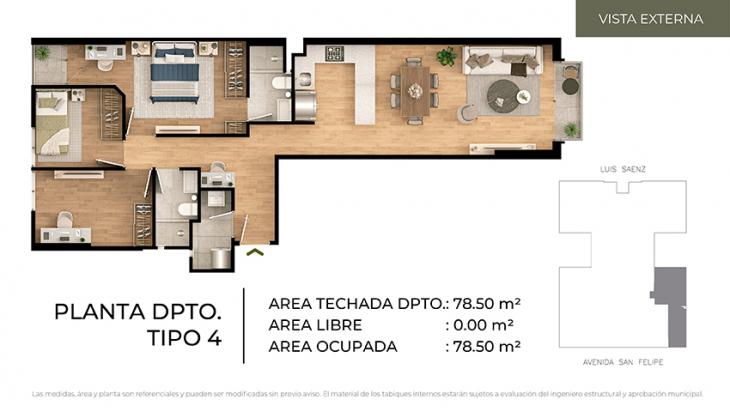 Plano del modelo Tipo 4 del proyecto CIUDARIS - OLIVE PARK en Jesus Maria