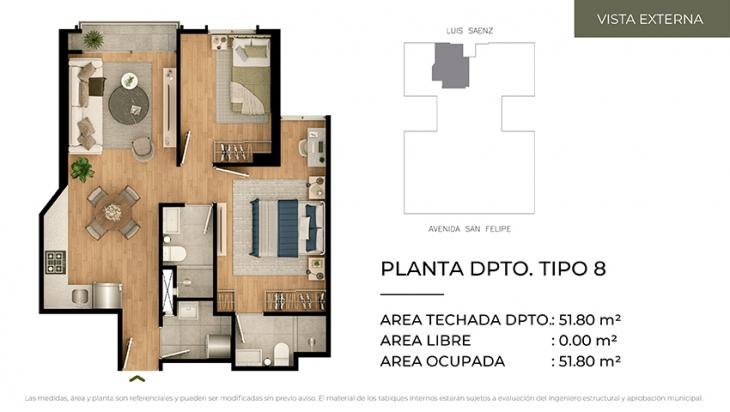 Plano del modelo Tipo 8 del proyecto CIUDARIS - OLIVE PARK en Jesus Maria