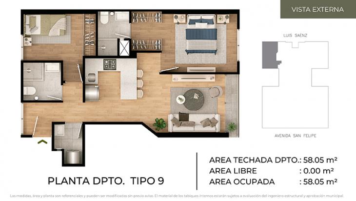 Plano del modelo Tipo 9 del proyecto CIUDARIS - OLIVE PARK en Jesus Maria