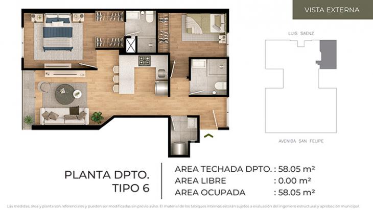 Plano del modelo Tipo 6 del proyecto CIUDARIS - OLIVE PARK en Jesus Maria