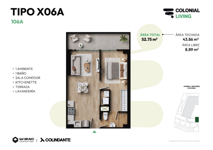 Plano del modelo X106 del proyecto Colonial Living en Cercado De Lima