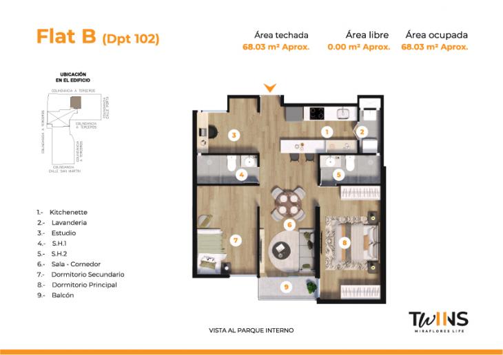 Plano del modelo FLAT X102 del proyecto Twins en Miraflores