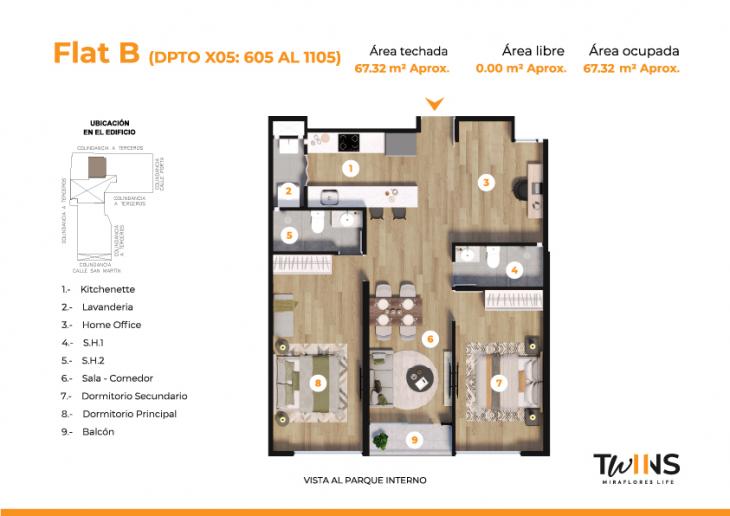 Plano del modelo FLAT X05-3 del proyecto Twins en Miraflores