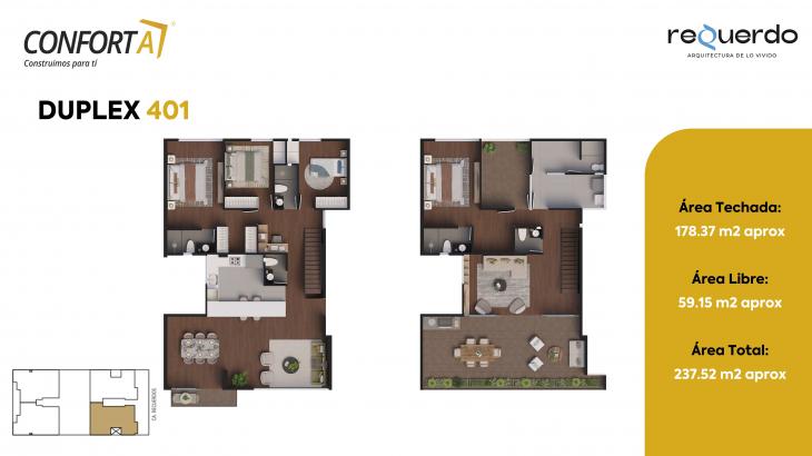 Plano del modelo Duplex 401 del proyecto REQUERDO en San Borja
