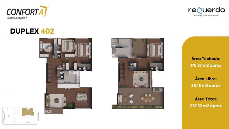 Plano del modelo Duplex 402 del proyecto REQUERDO en San Borja