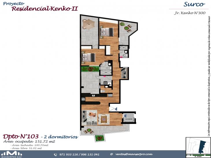 Plano del modelo DPTO 103 del proyecto KENKO II en Santiago De Surco