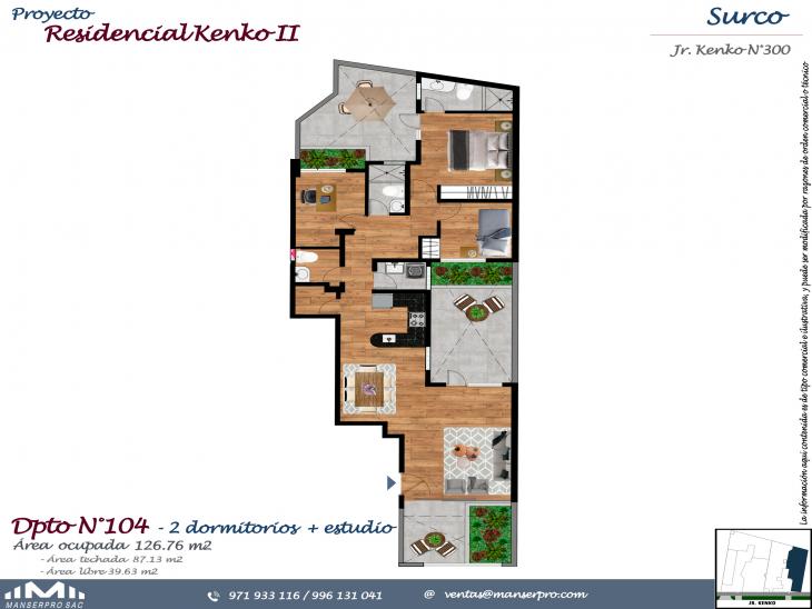 Plano del modelo DPTO 104 del proyecto KENKO II en Santiago De Surco