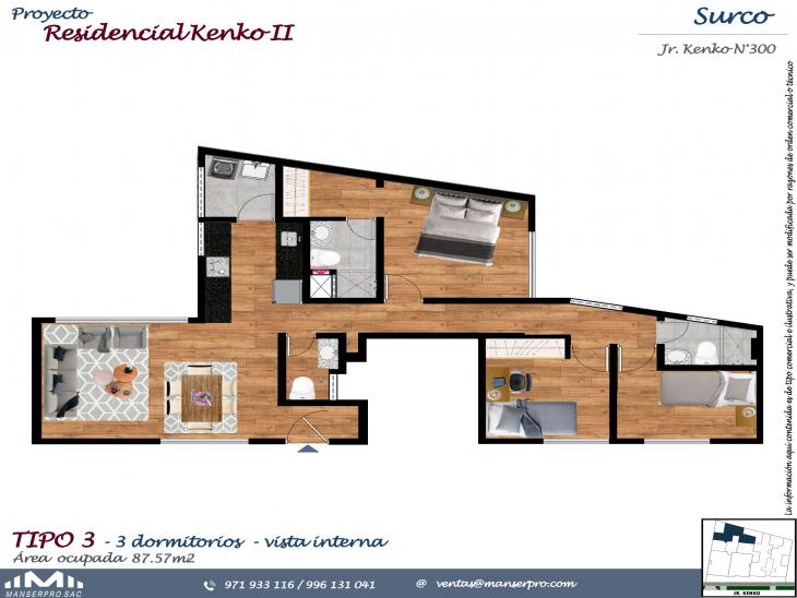 Plano del modelo DPTO 203,303,403,503 del proyecto KENKO II en Santiago De Surco