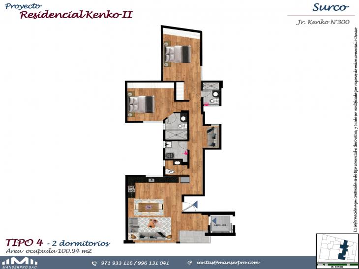Plano del modelo DPTO 204,304,404,504 del proyecto KENKO II en Santiago De Surco