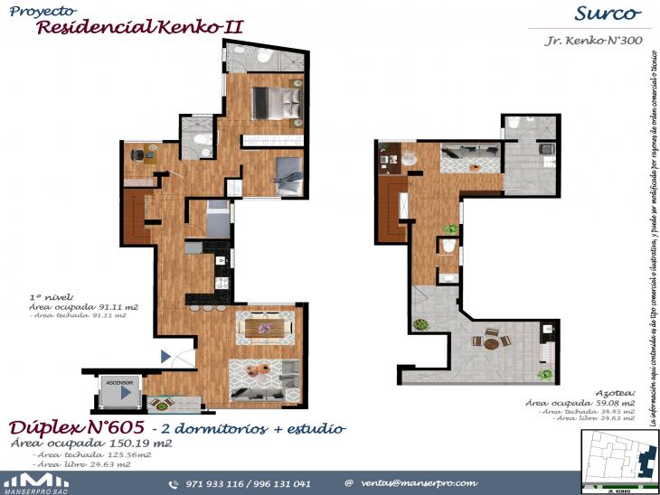 Plano del modelo DPTO 605 del proyecto KENKO II en Santiago De Surco