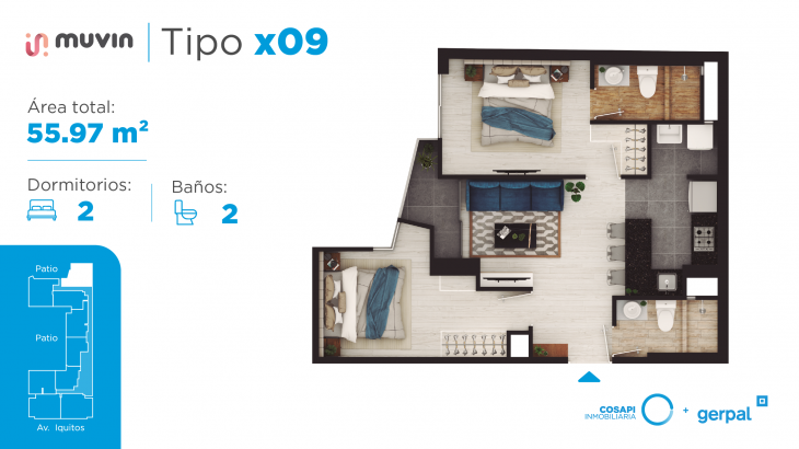 Plano del modelo Departamento tipo X09 del proyecto MUVIN en Lince