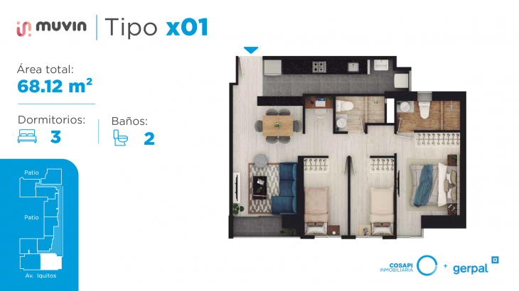 Plano del modelo Departamento tipo X01 del proyecto MUVIN en Lince