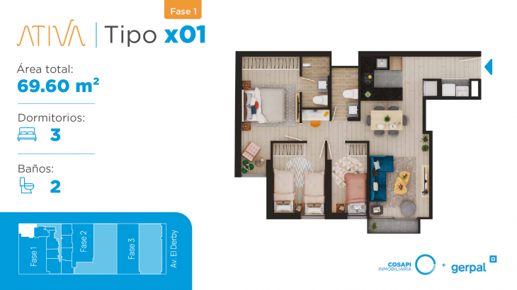 Plano del modelo Departamento tipo X01 del proyecto ATIVA FASE 1 en Santiago De Surco