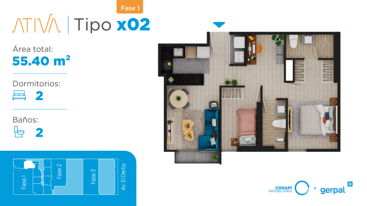 Plano del modelo Departamento tipo X02 del proyecto ATIVA FASE 1 en Santiago De Surco
