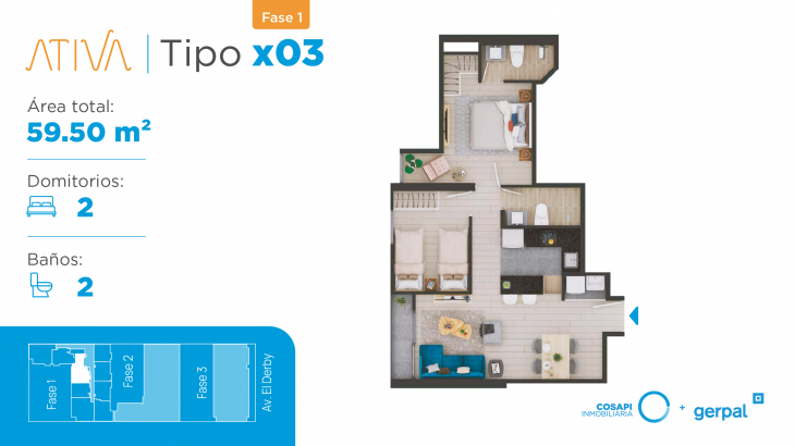 Plano del modelo Departamento tipo X03 del proyecto ATIVA FASE 1 en Santiago De Surco