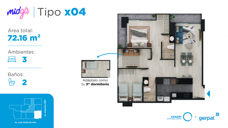 Plano del modelo Departamento tipo x04 del proyecto MIDGO en Lince